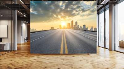 Asphalt highway and modern city financial district skyline in Chongqing at sunset,China. Wall mural