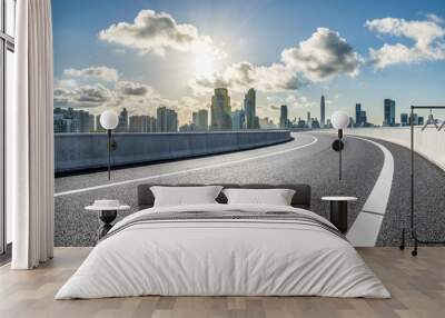 Asphalt highway road with modern city buildings scenery at sunrise in Shenzhen. car advertising background. Wall mural