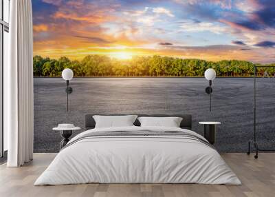 Asphalt road and green forest with beautiful sky cloud natural landscape at sunset. Panoramic view. Wall mural