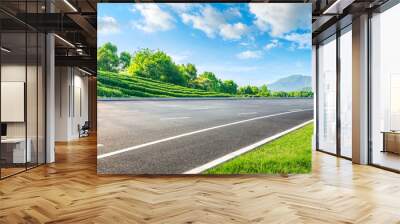 Asphalt road and green tea mountain nature landscape on sunny day,panoramic view. Wall mural