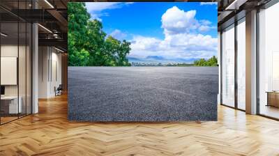 Asphalt road and green tree with city skyline in Hangzhou, China. Wall mural