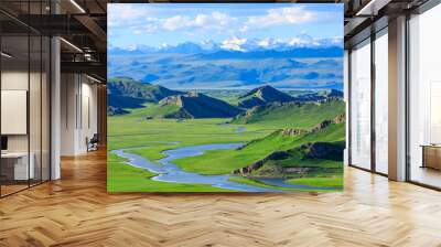 Bayinbuluke grassland natural scenery in Xinjiang,China.Beautiful grassland and mountain landscape. Wall mural