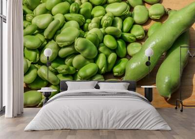 Both broad bean pods and shelled seeds. Healthy organic green raw broad beans. Wall mural