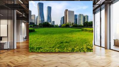 City skyline and modern commercial buildings with green grass in Hangzhou, China. Wall mural