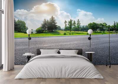 Country asphalt road and green woods nature landscape in summer Wall mural