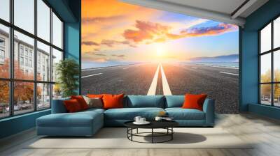 empty asphalt highway and blue sea nature landscape at sunset Wall mural