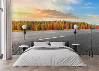 Empty asphalt road and beautiful colorful forest in autumn Wall mural