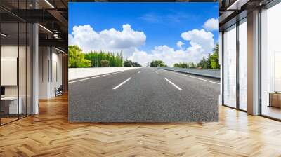 Empty asphalt road and green trees in spring season. Wall mural