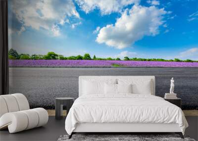 Empty asphalt road and purple lavender field on a sunny day. Wall mural