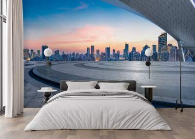 Empty floor and modern city skyline with building at sunset in Shanghai, China. Wall mural