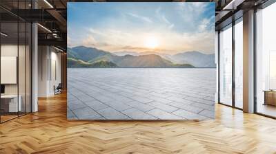 Empty square floor and green mountain with sky clouds at sunset. Panoramic view. Wall mural