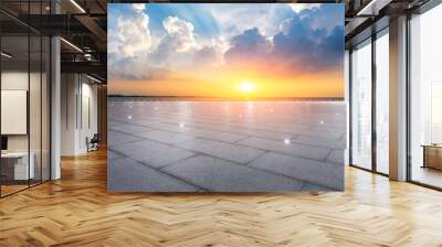 Empty square floor and lake with beautiful clouds at sunset. Wall mural