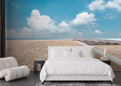 Empty square floor and lake with sky cloud landscape Wall mural