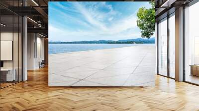 Empty square floor and West Lake scenery in Hangzhou,China. Wall mural