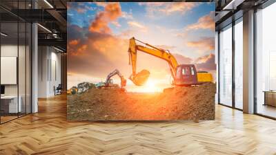 excavator in construction site on sunset sky background Wall mural