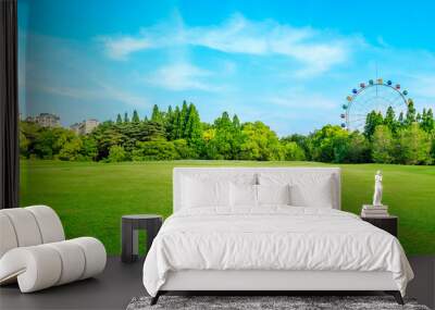 Green forest and ferris wheel with grass in the city park. Wall mural