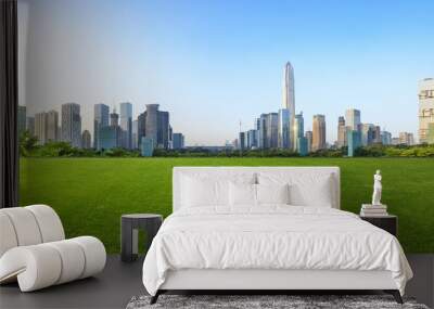 Green grass and modern city skyline scenery in Shenzhen Wall mural