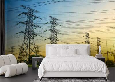 High voltage electricity tower sky sunset landscape,industrial background. Wall mural