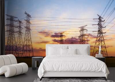 High voltage electricity tower sky sunset landscape,industrial background. Wall mural