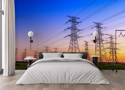 High voltage electricity tower sky sunset landscape,industrial background. Wall mural