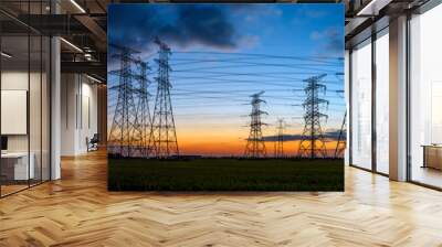 High voltage electricity tower sky sunset landscape,industrial background. Wall mural