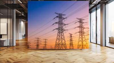 High voltage electricity tower sky sunset landscape,industrial background. Wall mural