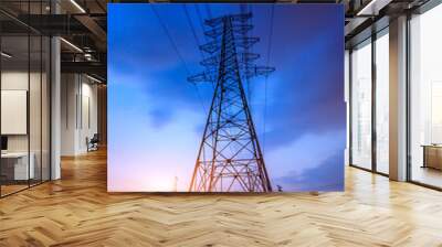 High voltage electricity tower sky sunset landscape,industrial background. Wall mural