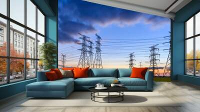 High voltage electricity tower sky sunset landscape,industrial background. Wall mural