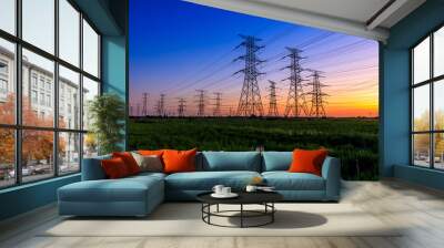 High voltage electricity tower sky sunset landscape,industrial background. Wall mural