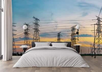 High voltage post,High voltage tower sky sunset background Wall mural