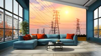 High voltage post,high voltage tower sky sunset landscape,industrial background. Wall mural