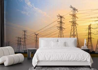 high-voltage power lines at sunset,high voltage electric transmission tower Wall mural