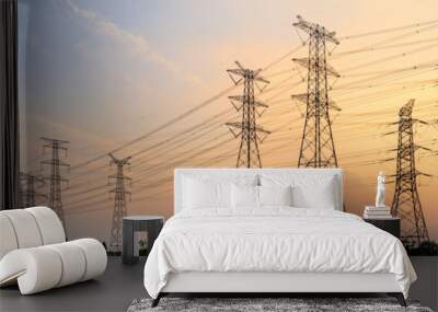 high-voltage power lines at sunset,high voltage electric transmission tower Wall mural