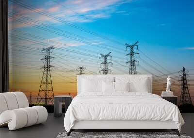 high-voltage power lines at sunset,high voltage electric transmission tower Wall mural