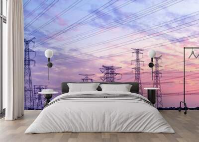 high-voltage power lines at sunset,high voltage electric transmission tower Wall mural