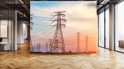 high-voltage power lines at sunset,high voltage electric transmission tower Wall mural