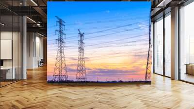 high-voltage power lines at sunset,high voltage electric transmission tower Wall mural