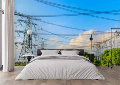 High voltage power tower industrial landscape at sunrise,urban power transmission lines. Wall mural