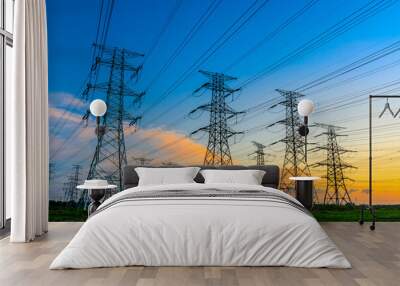 High voltage power tower industrial landscape at sunrise,urban power transmission lines. Wall mural