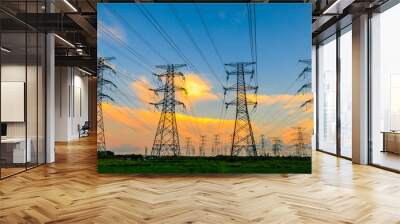 High voltage power tower industrial landscape at sunrise,urban power transmission lines. Wall mural