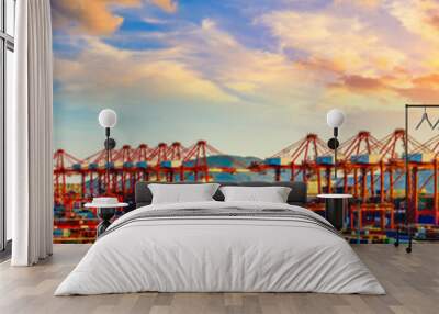 Industrial container freight port at beautiful sunset in Shanghai,China. Wall mural