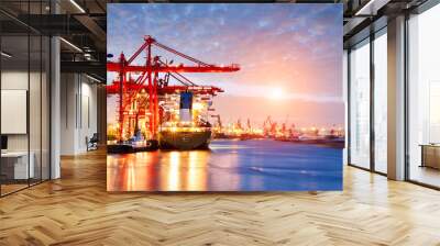 industrial container freight trade port scene at sunset Wall mural