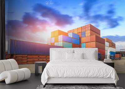 Industrial port container terminal at sunset Wall mural