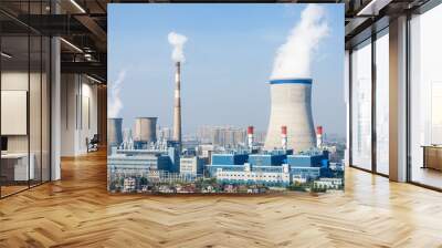 Industrial power plant smoke pollution in the blue sky Wall mural