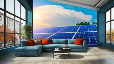 Photovoltaic solar panels on sunset sky background,green clean energy concept. Wall mural