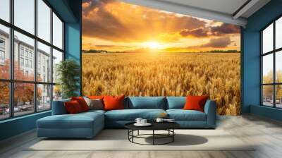 Ripe wheat fields natural landscape at sunset. farm harvest season. Wall mural