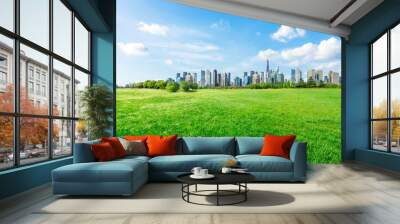 Shanghai city skyline and green grass under the blue sky,China Wall mural