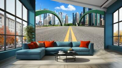 Shanghai Lujiazui financial district commercial buildings and asphalt road scenery,China Wall mural