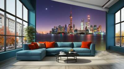 Shanghai skyline and modern urban buildings scenery at night. Famous city landmarks in China. Wall mural