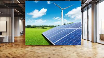 Solar panels and wind turbines in green grass field Wall mural